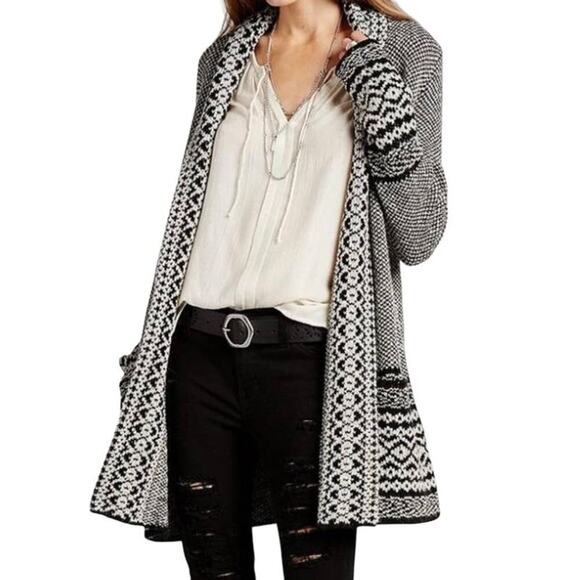 Lucky Brand Border Cardigan Sweaater Size M Black White Shawl Collar Pockets - Picture 1 of 14